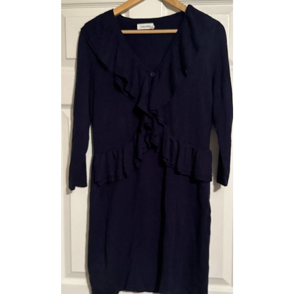 Calvin Klein Ruffled Navy Blue Sweater Dress size L - Picture 2 of 3